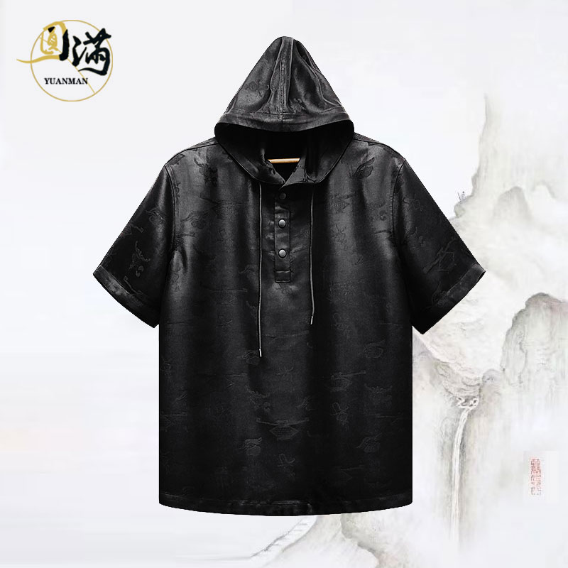 [万事亨通]圆满香云纱桑蚕丝重缎提花国风休闲复古连帽T恤TX5702