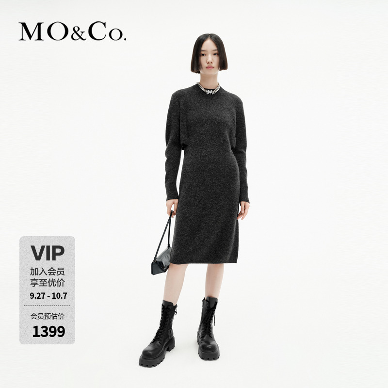 MOCO绵羊毛骆马绒裂口收腰高腰直筒针织连衣裙MBC4DRSK01