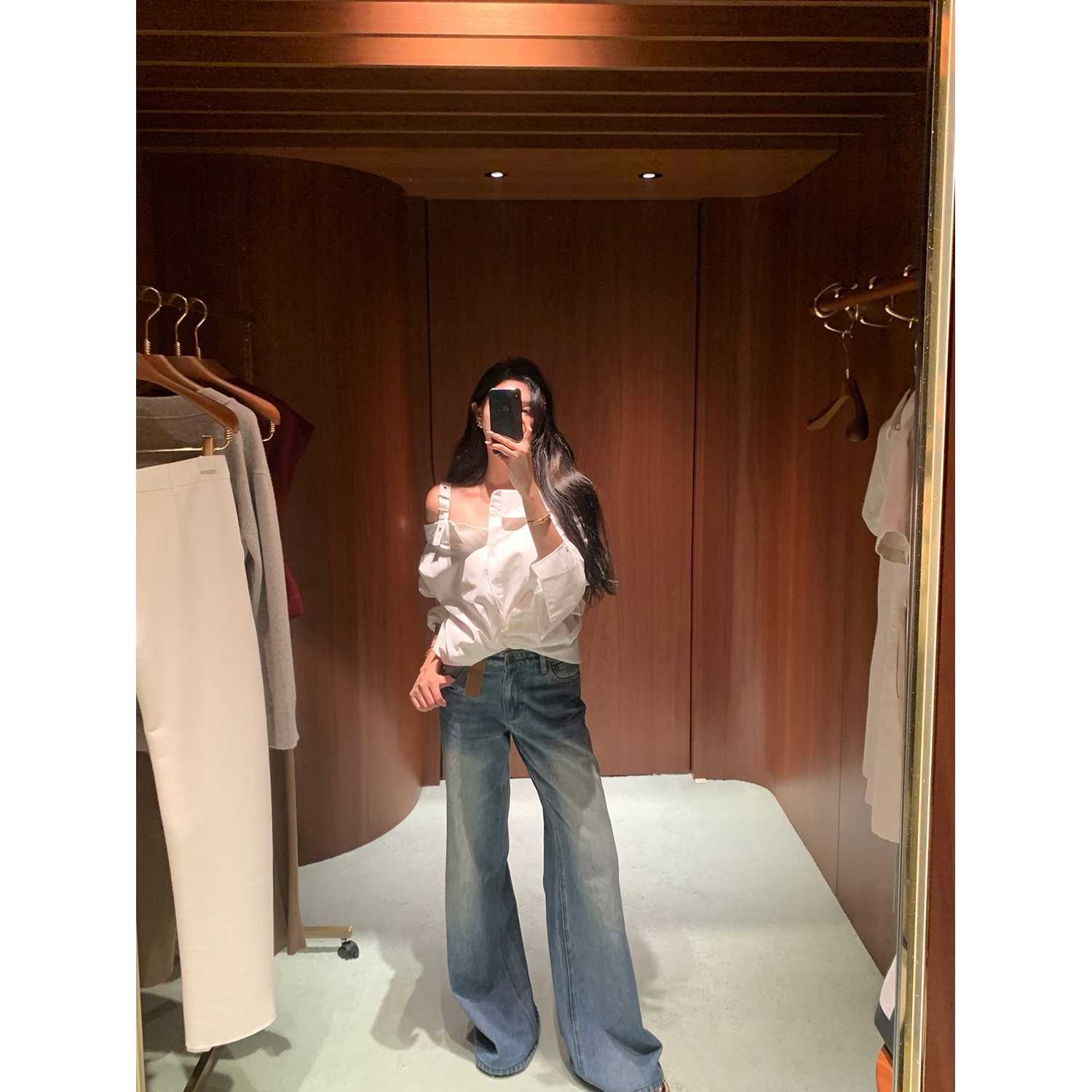 施薇靓 新神裤！超绝比例皮标设计低腰微喇裤水洗做旧阔腿牛仔裤