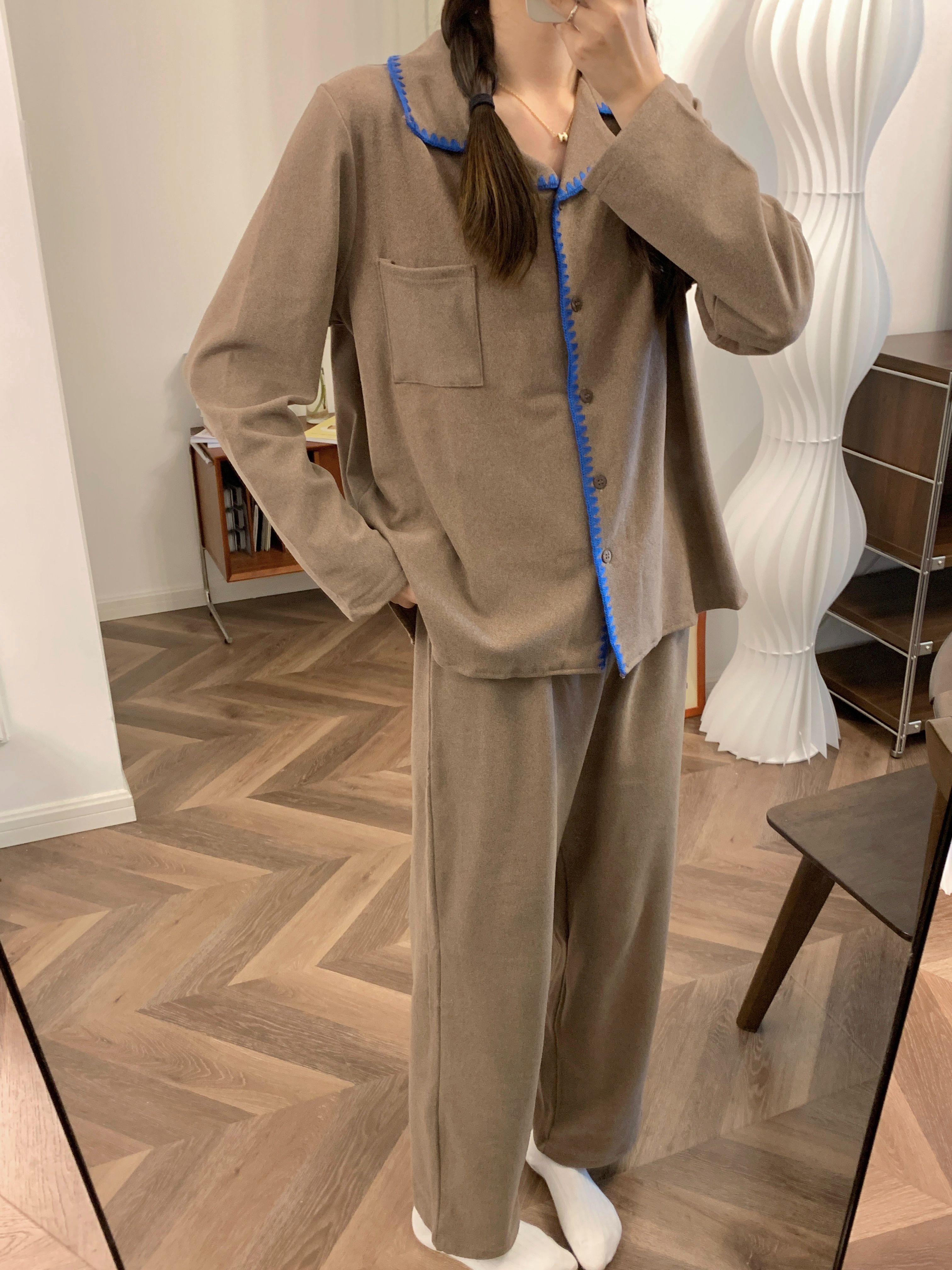 德绒新款保暖睡衣套装女长袖秋冬宽松简约网红风韩版家居服可外穿