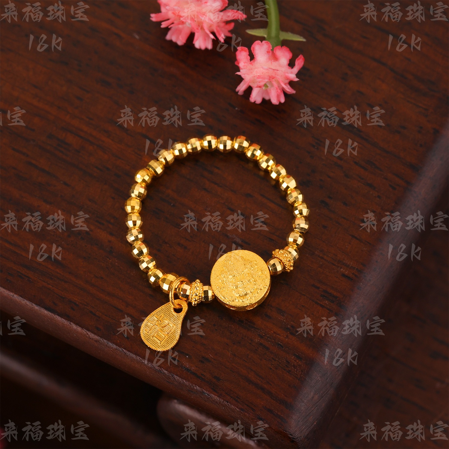 【来福原创】18k金黄财神招财爆闪金珠设计款戒指