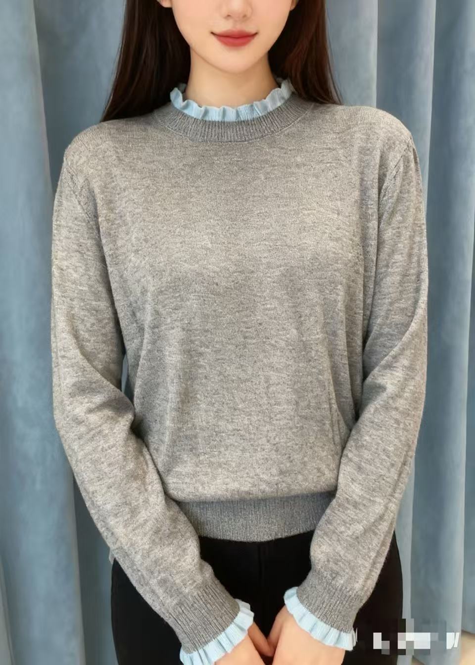 615【灰  裙边领  圆领长袖】