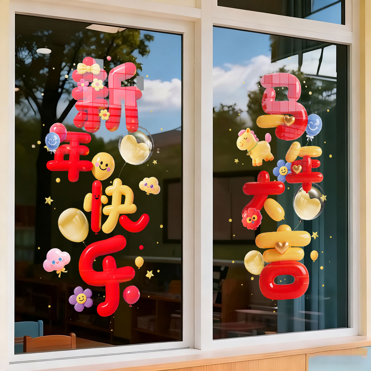 2026幼儿园教室元旦布置马年新年装饰静电玻璃门贴纸新款静电窗贴