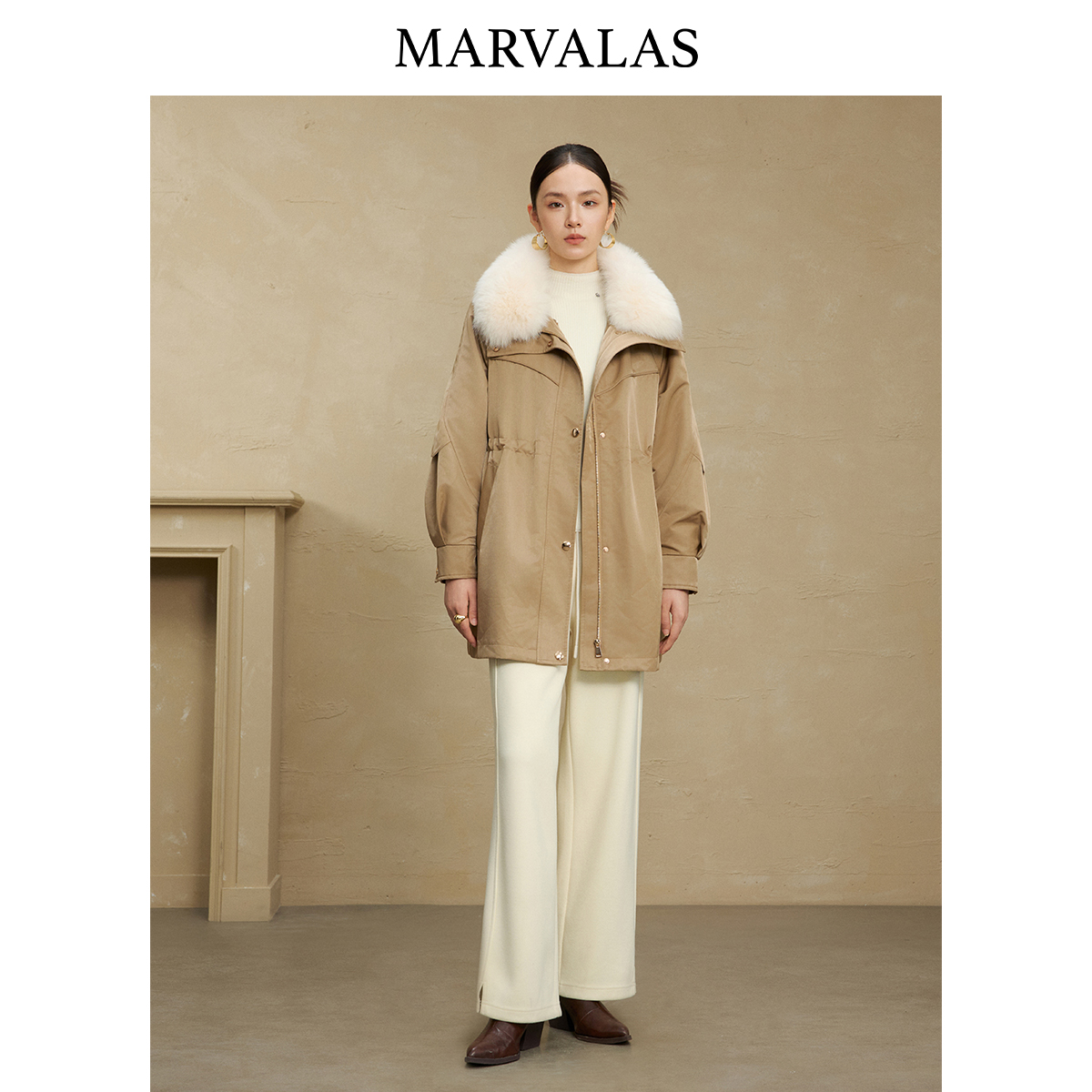 曼德诗复古派克服大衣女2025冬季新款美拉德毛领外套收腰显瘦风衣