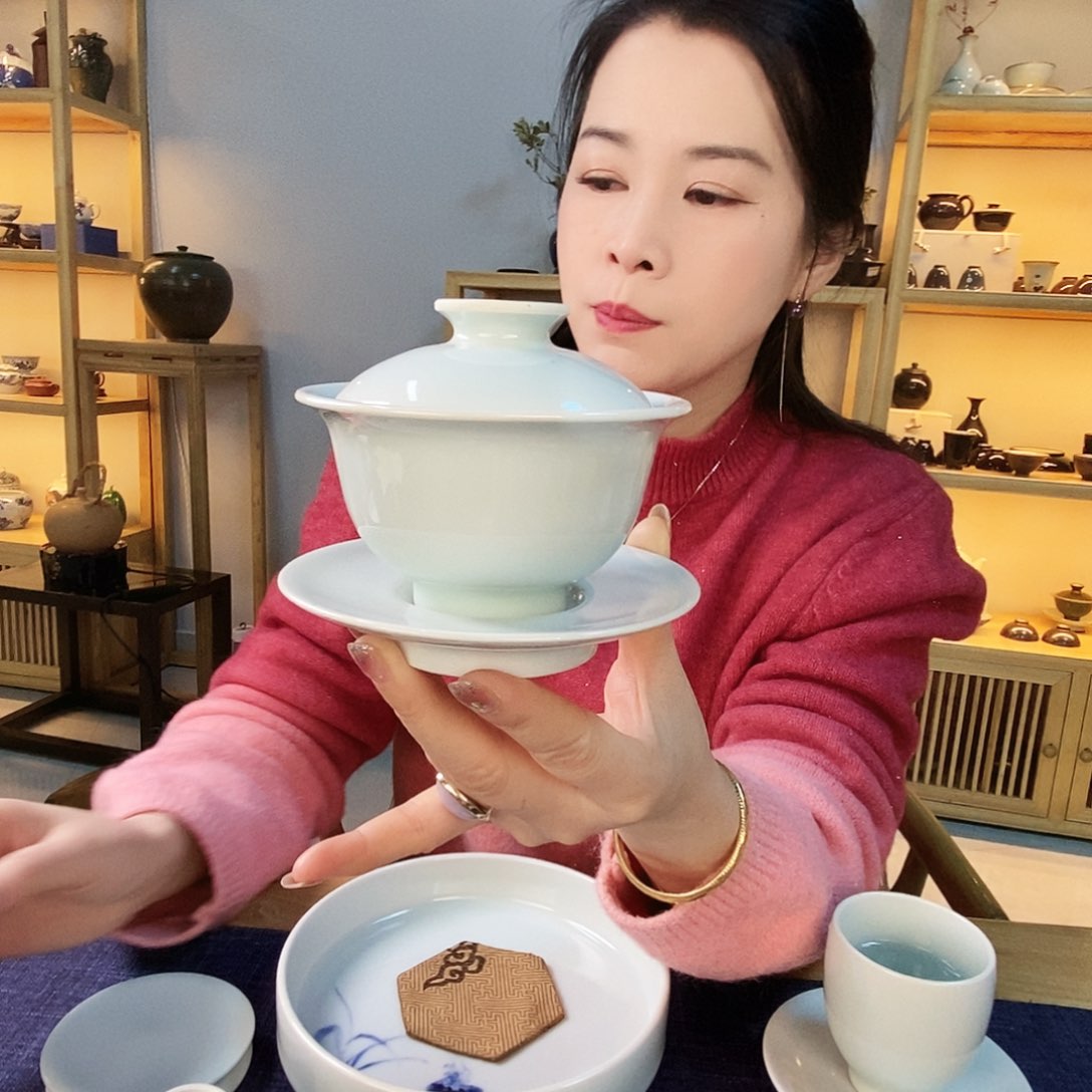 天予窑玉青三才盖碗