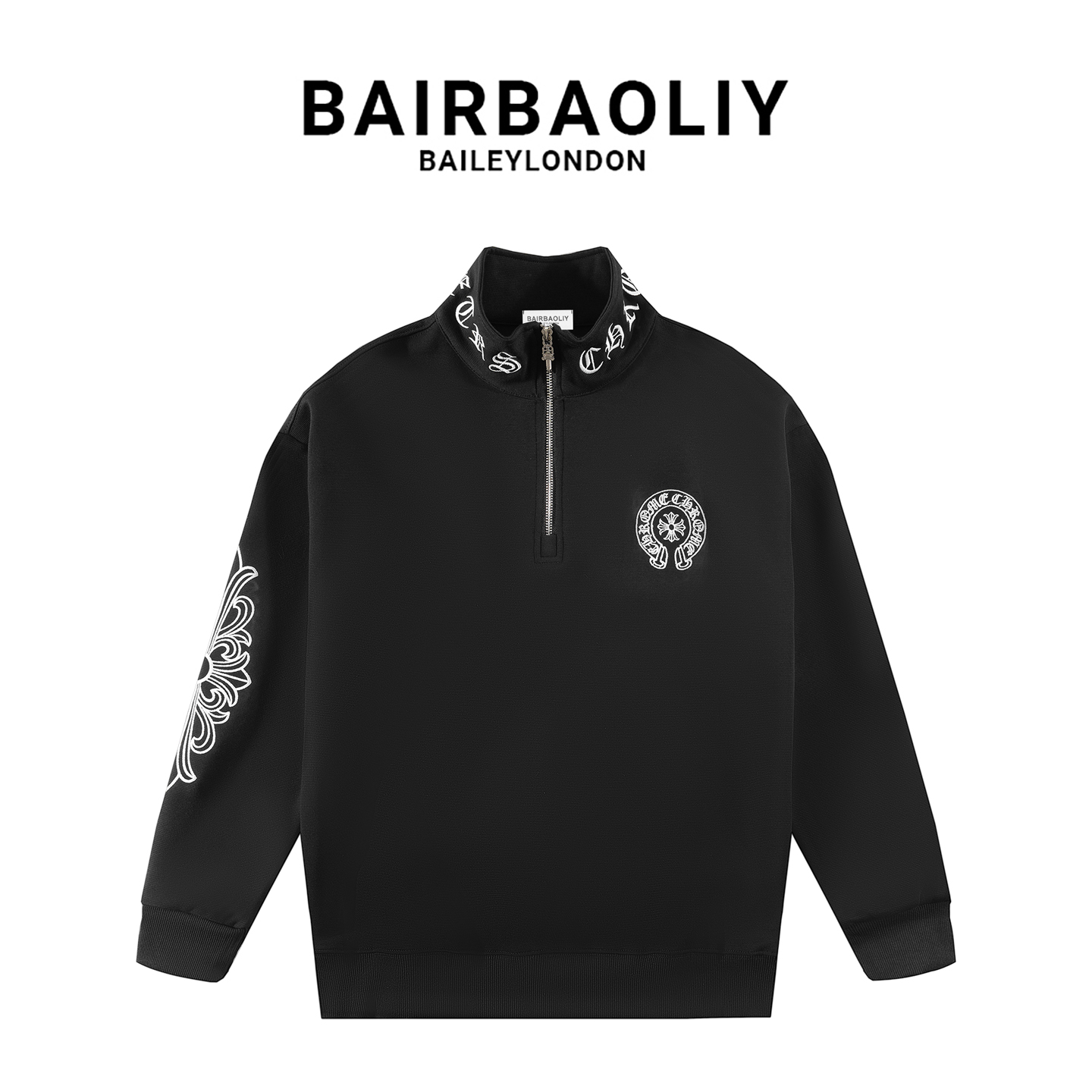  BAIRBAOLIY欧潮轻奢男士高端半拉链十字架刺绣立领休闲长袖卫衣