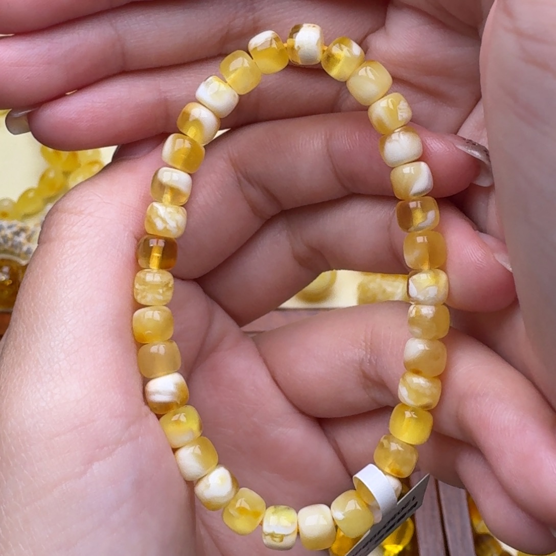 琥珀未镶嵌裸石7号特价清微粉金瓷白手串