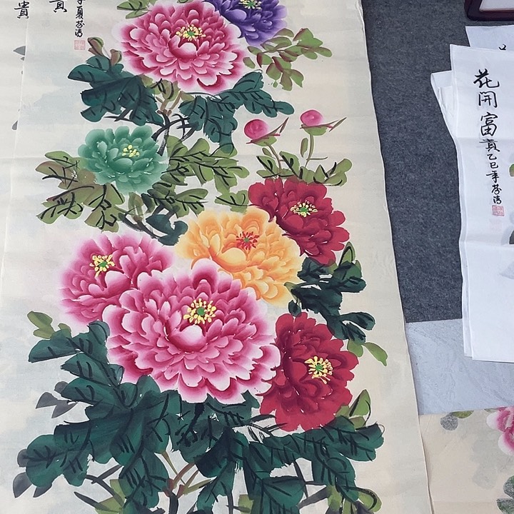 国画国画作品书法作品原稿四尺竖仿古五彩