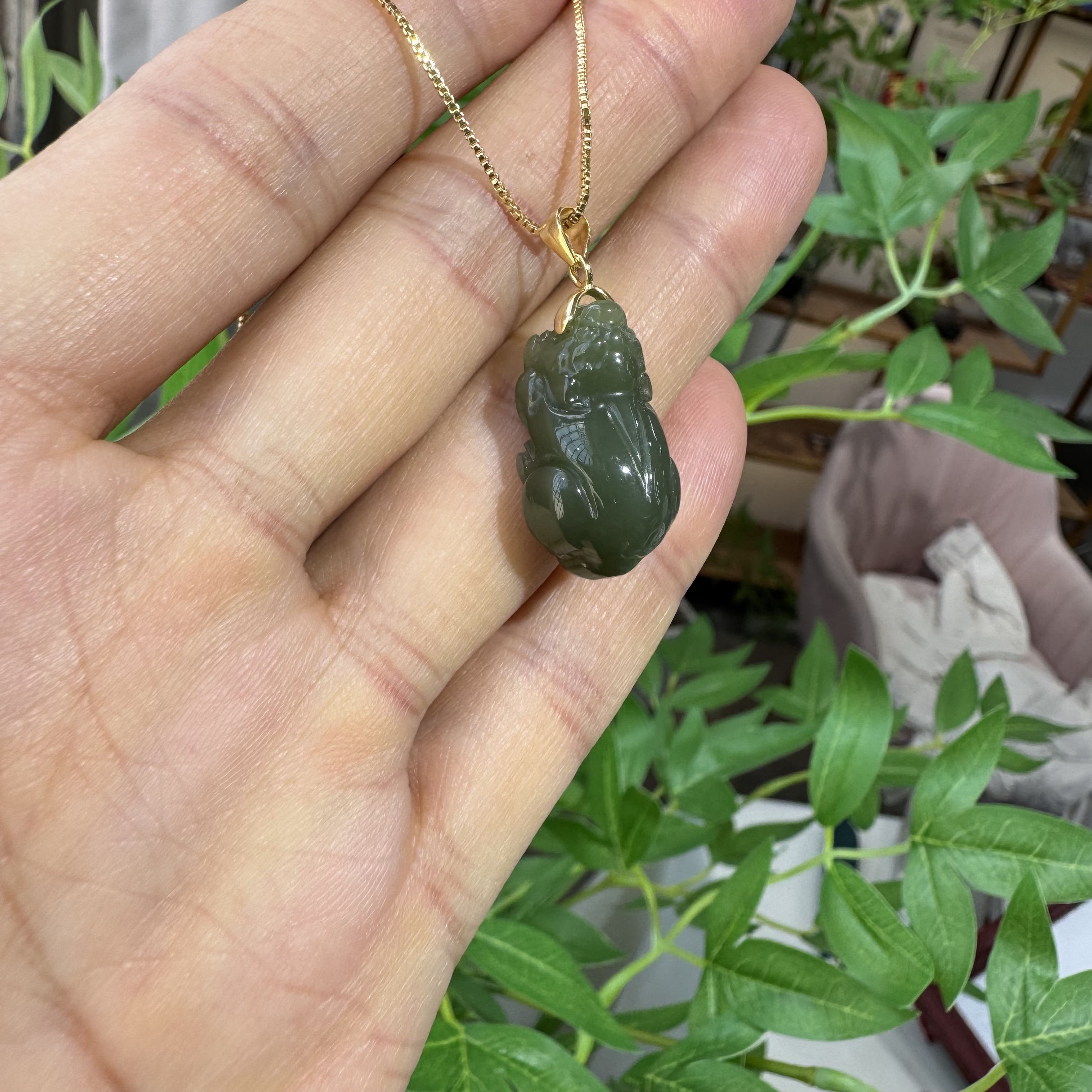 和田玉青黄口貔貅26*13mm 珠宝玉石 玉质温润细腻925银镶嵌吊坠