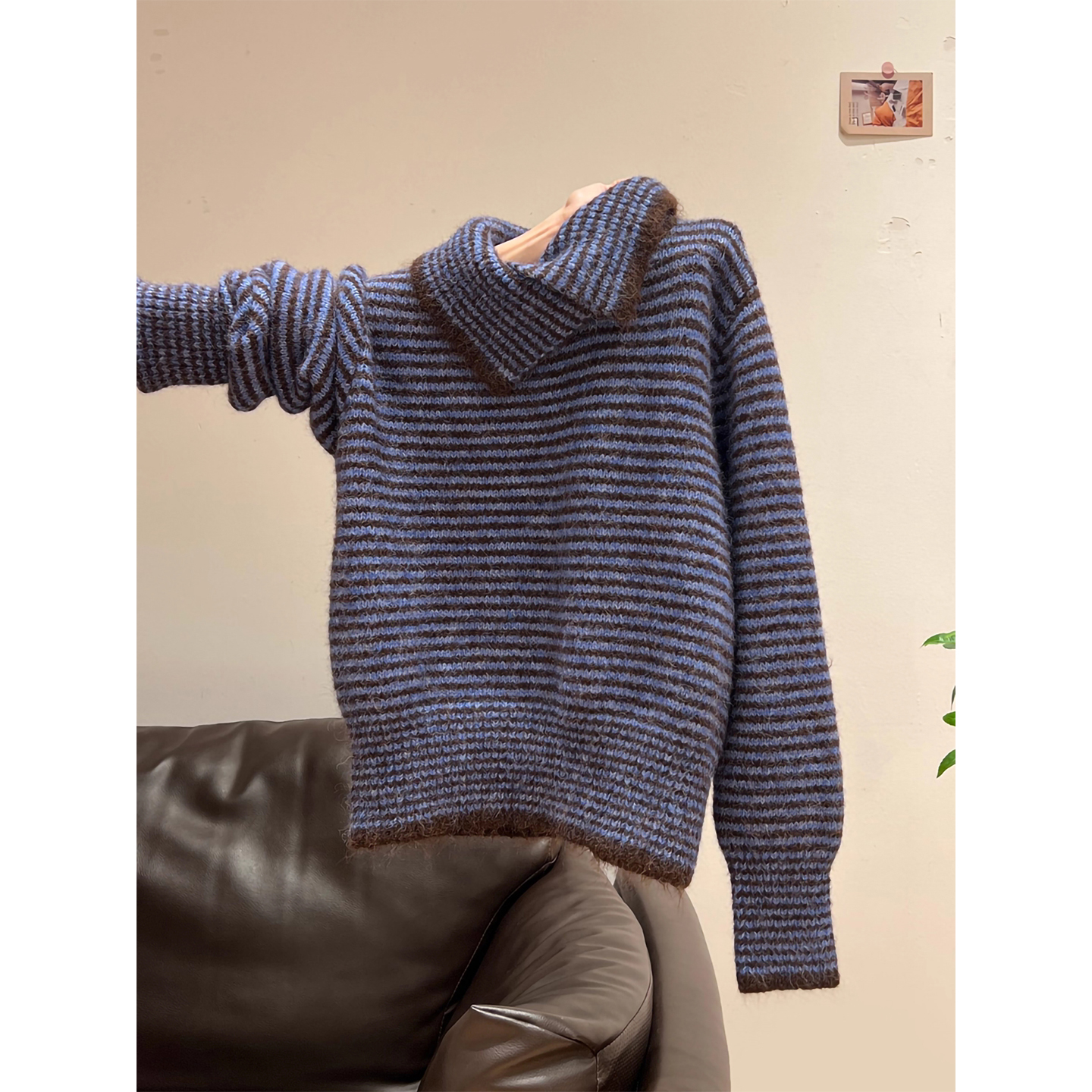条纹高领加厚套头毛衣女外套2025秋冬季慵懒风宽松翻领针织衫上衣