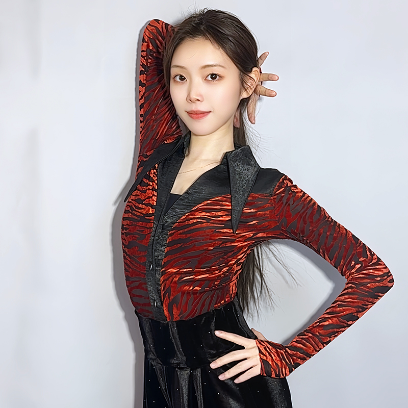 女士拉丁舞衬衣式连体练功服植绒烧花工艺摩登舞蹈上衣