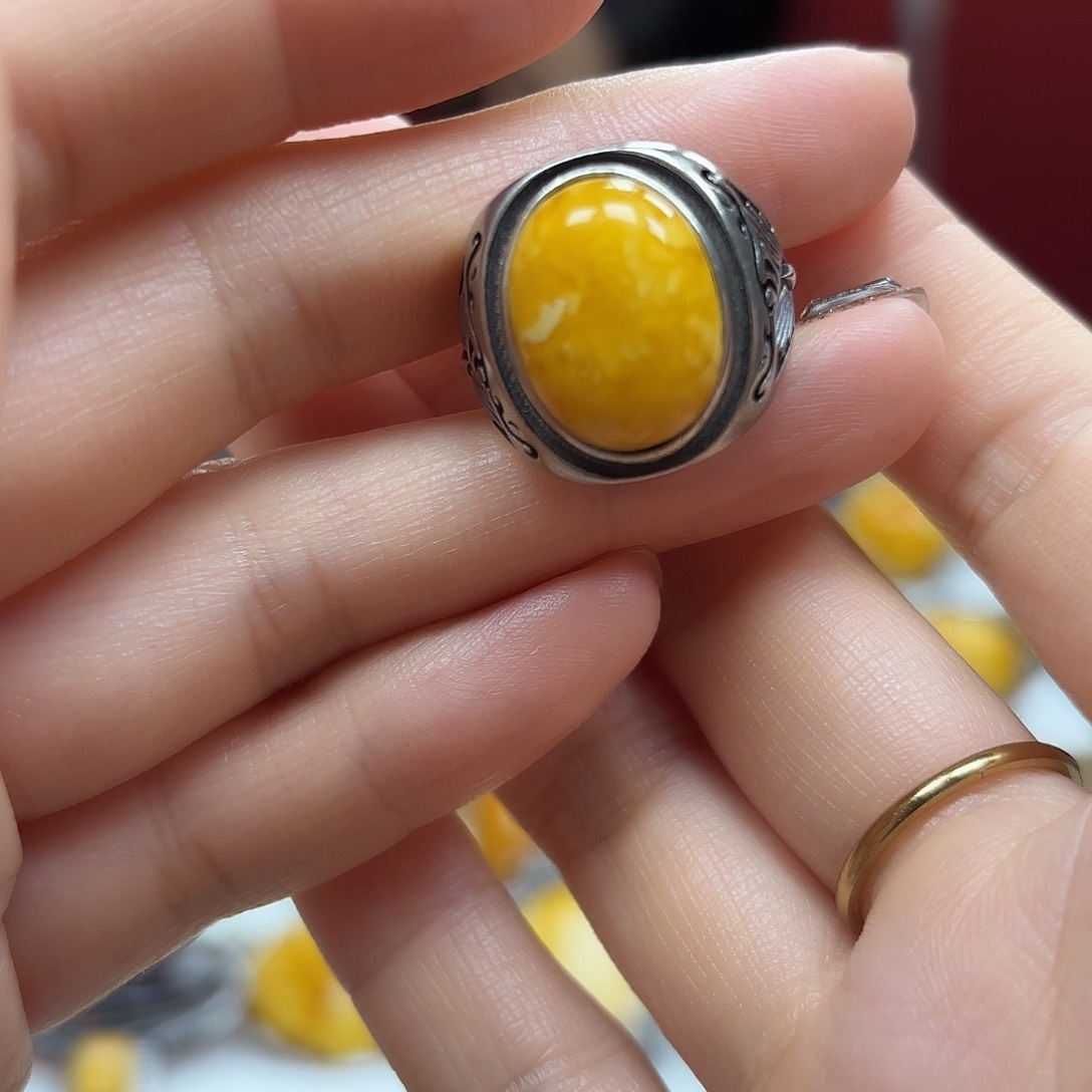 琥珀裸石银S925镶嵌3戒指