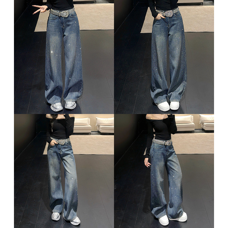 乔栈银河碎钻爆闪阔腿牛仔裤女秋冬加绒新款高腰宽松垂感拖地长裤