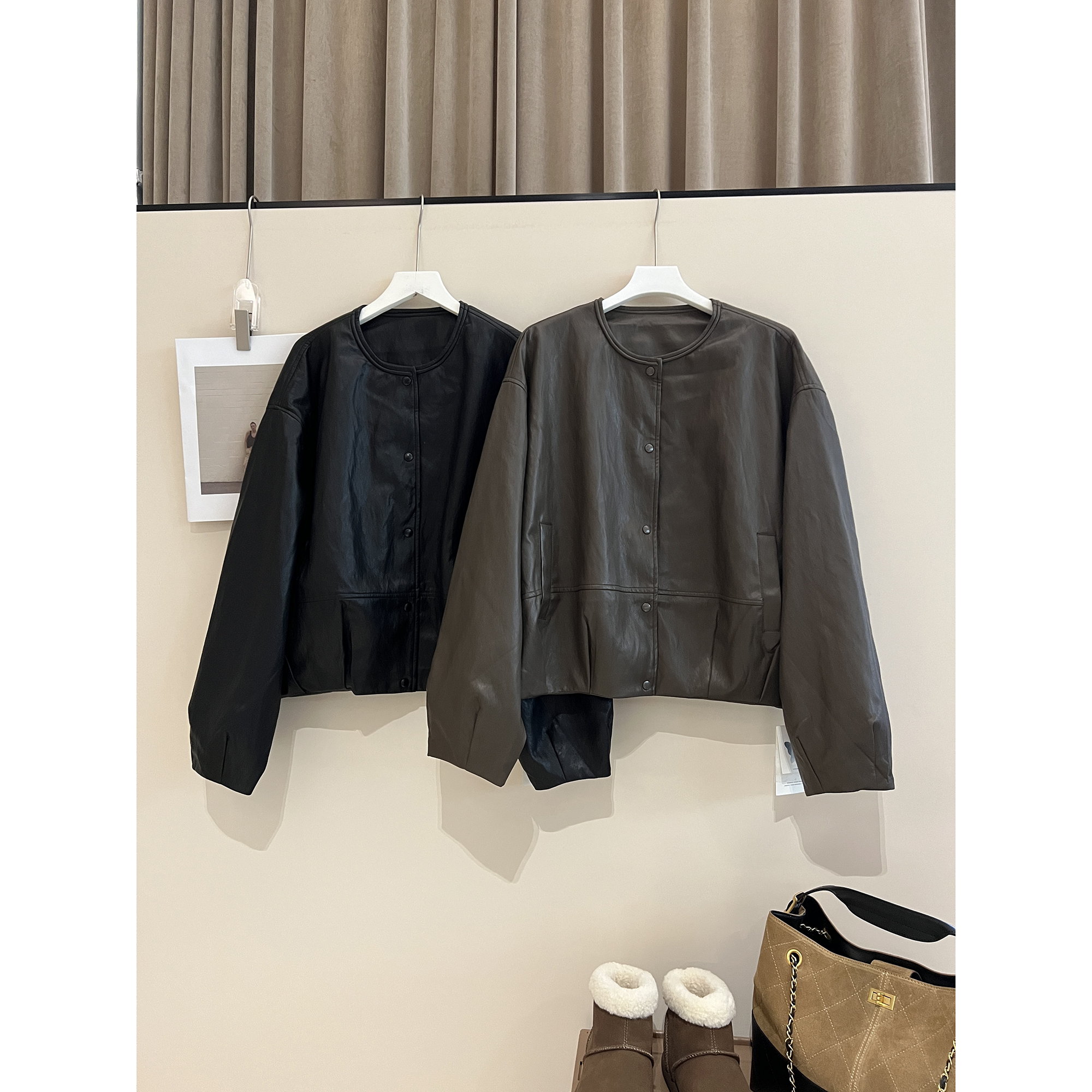 磁吸暗扣圆领皮衣外套9511