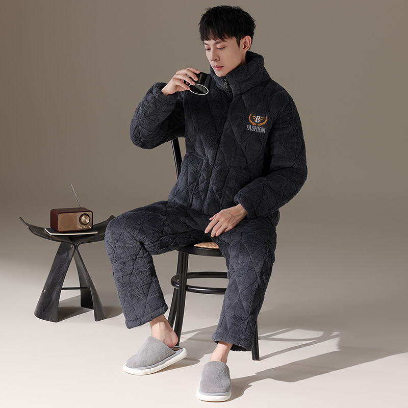 睡衣男士冬加绒加厚珊瑚绒三层夹棉2025年新款大码家居服套装