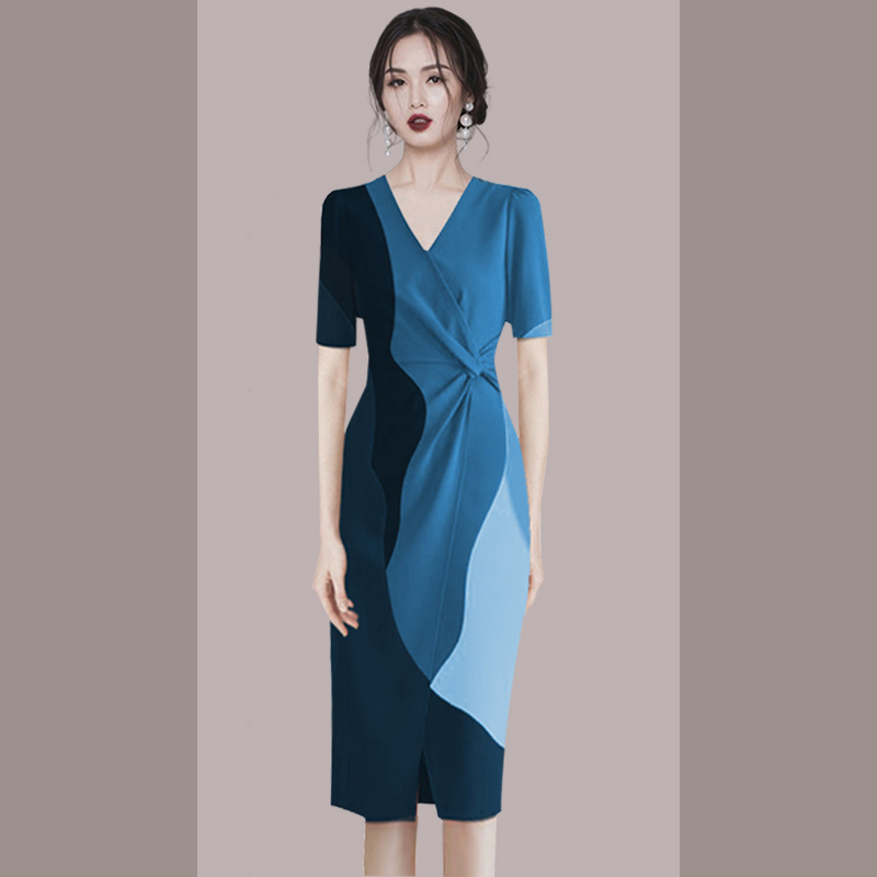 气质通勤拼色V领连衣裙女2025夏季新款收腰显瘦中长裙子