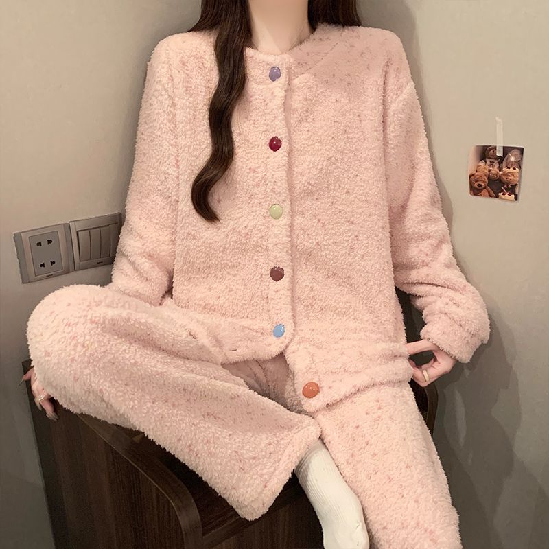 芯语婷秋冬新款彩色纽扣半边绒睡衣女加厚御寒保暖甜美套装可外穿