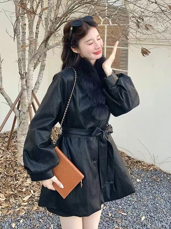 毛领收腰羽羽皮衣外套9068