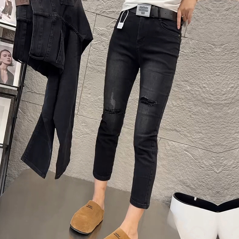 908大码高腰显瘦直筒牛仔裤女秋季新款洋气假破洞弹力八分烟管裤
