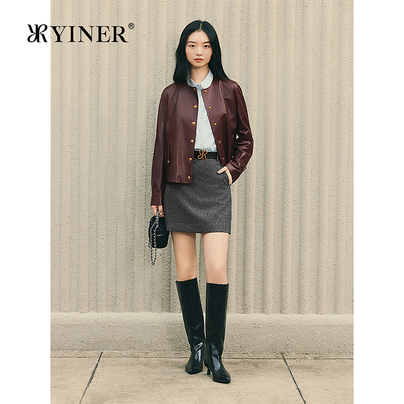 YINER音儿专选2025秋季新款法式复古油蜡皮工艺绵羊真皮皮衣夹克