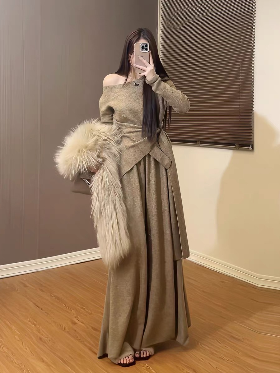 韩系气质辣妹不规则针织套装女2025秋冬新款毛衣垂感长裤两件套装