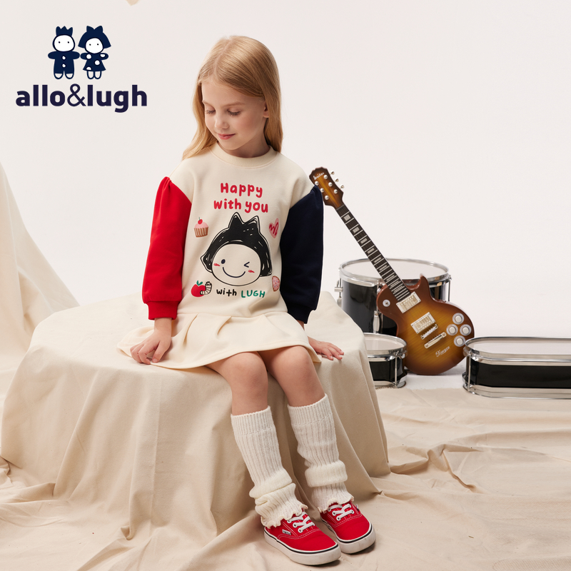 阿路和如女童连衣裙春秋款2024新款秋季印花撞色洋气裙子