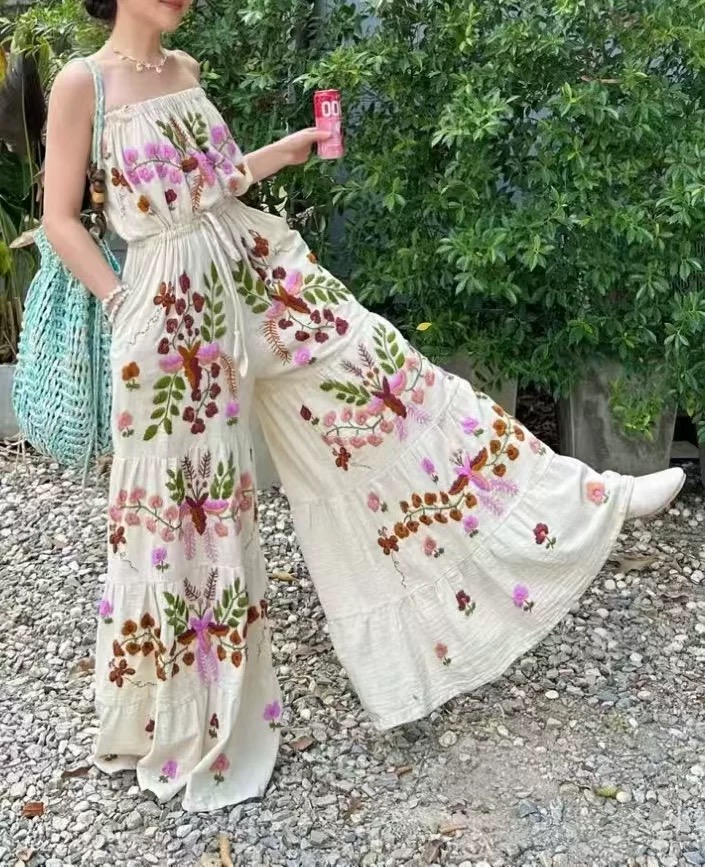 泰国清迈手工刺绣花朵田园红网红抹胸连体阔腿裤