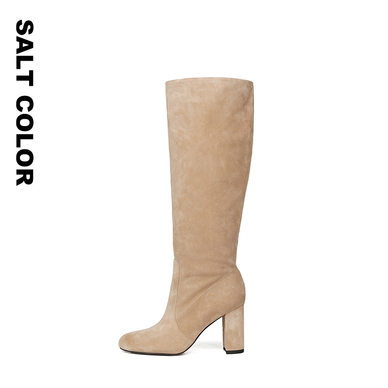 Saltcolor 圆头粗跟磨砂高筒靴女高跟宽松褶皱时装靴一鞋两穿长靴