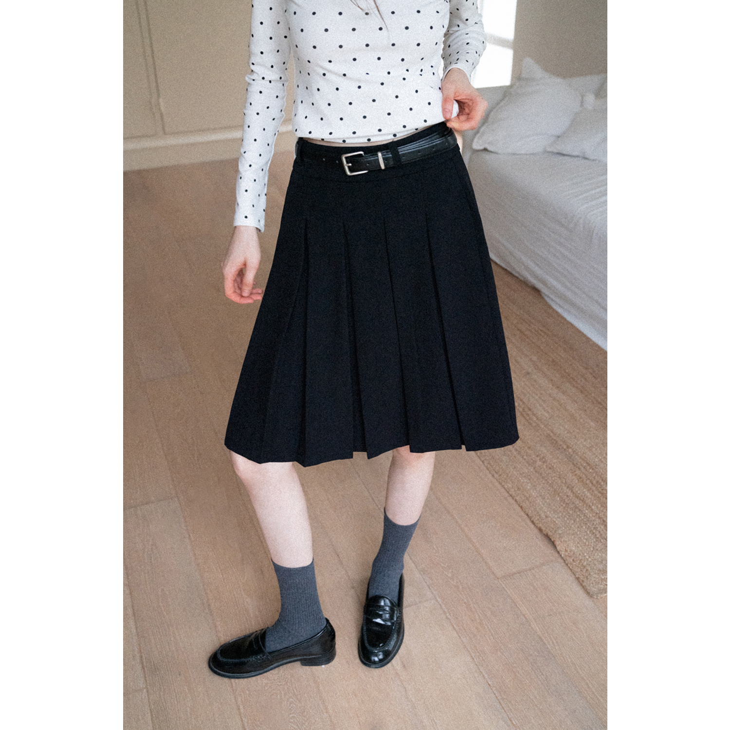 EGGKA学院风高级感百褶中裙高腰显瘦休闲a字半身裙 E25B3877AF