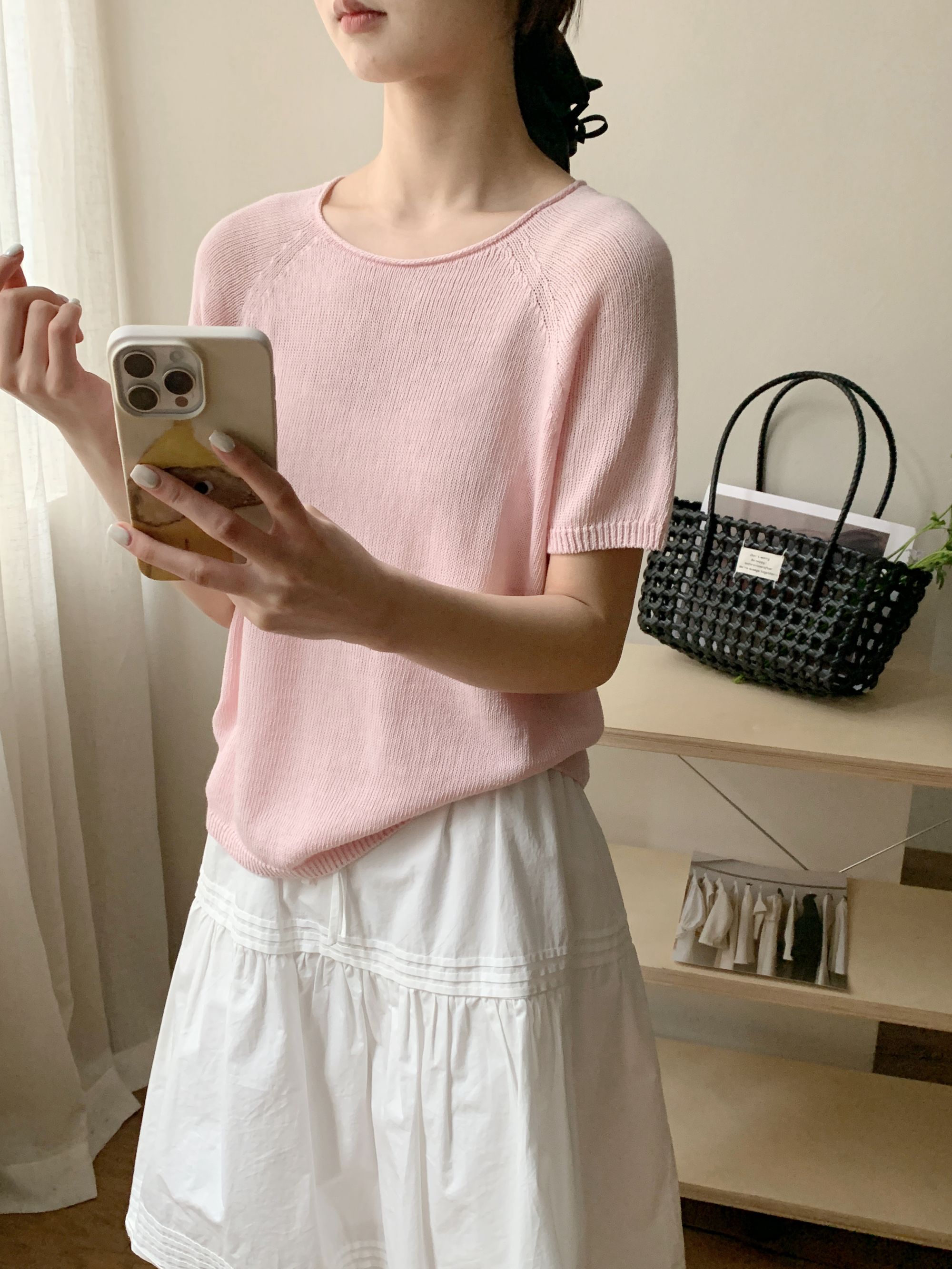 【潘潘.508810】2025年夏季新款天丝和纸纯色短袖圆领套头针织衫