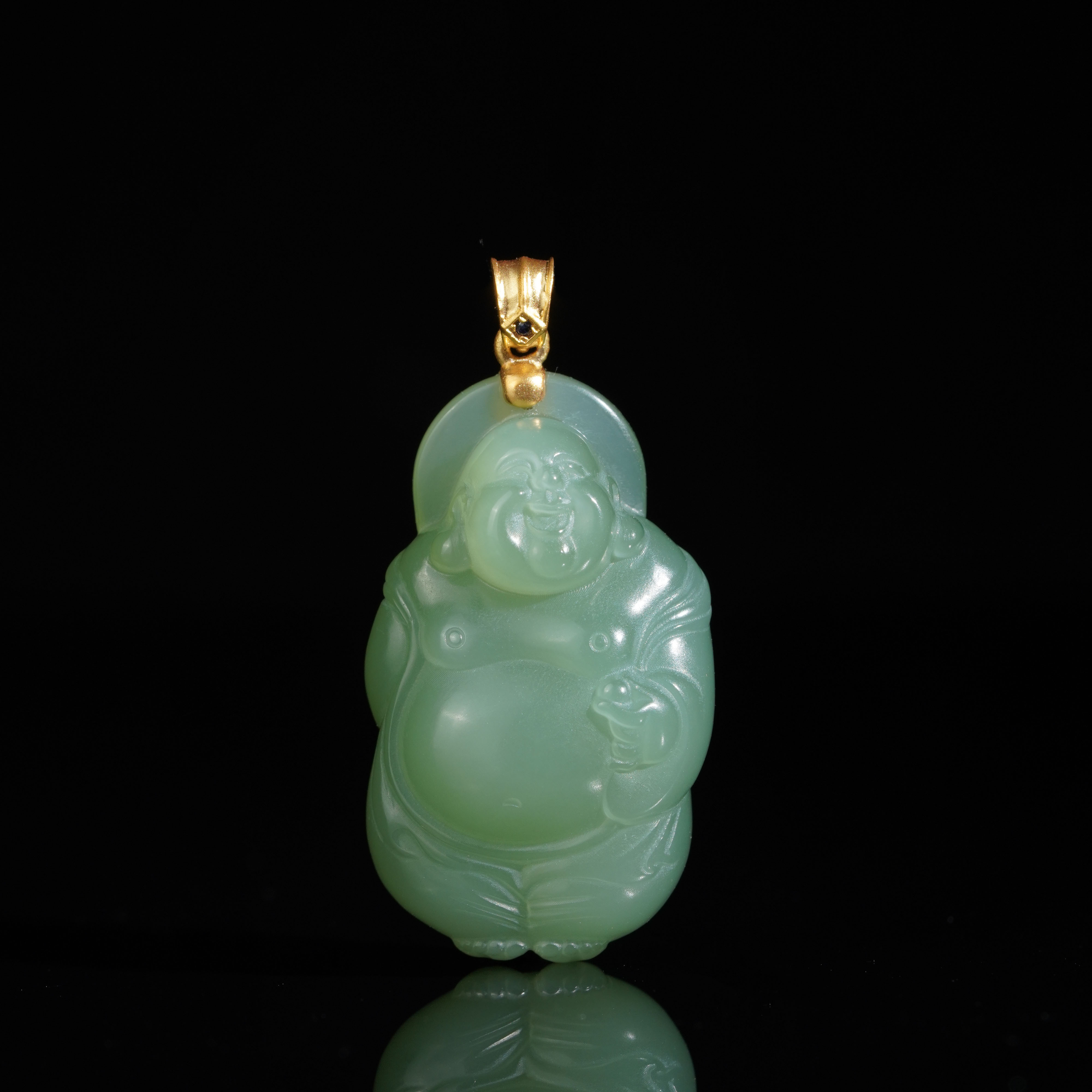 【同庆珍品】18k金和田玉粉青逍遥佛吊坠 28*16.5*11mm 不含链 LM09