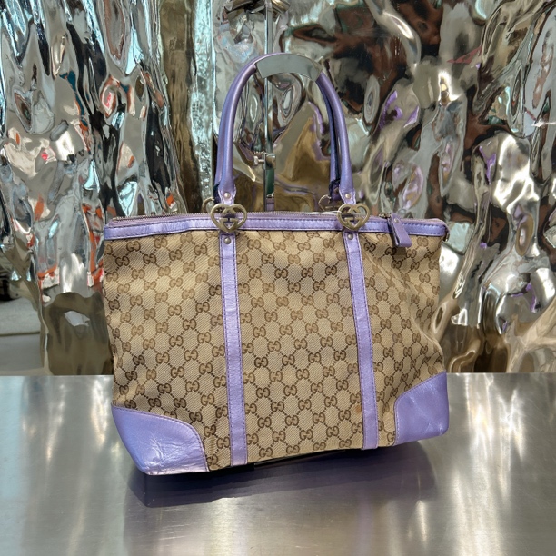 95新 GUCCI/古驰 古驰 老花 单肩 斜挎 帆布拼紫色皮 香芋紫托特