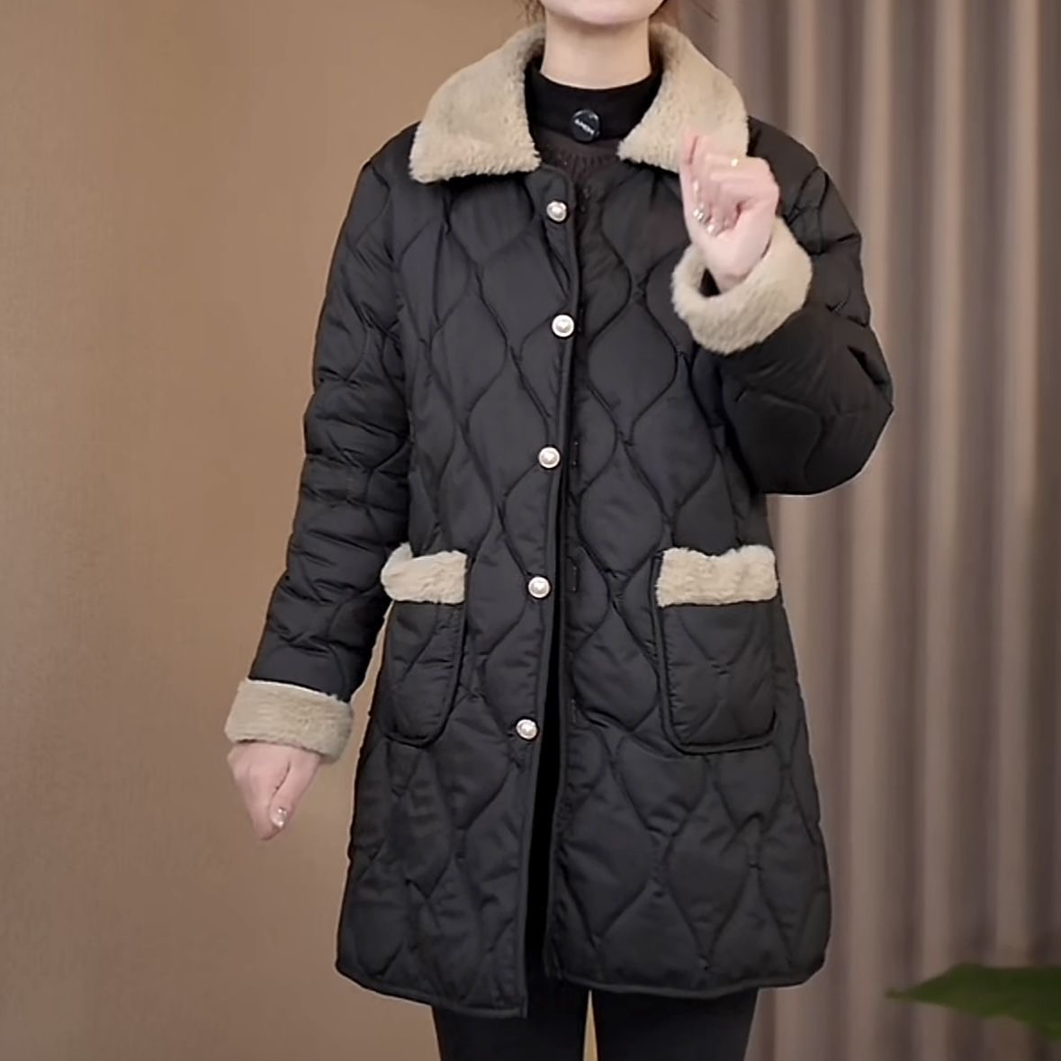 长袖宽松型保暖纯色厚款棉服棉衣翻领菱格中长款冬季