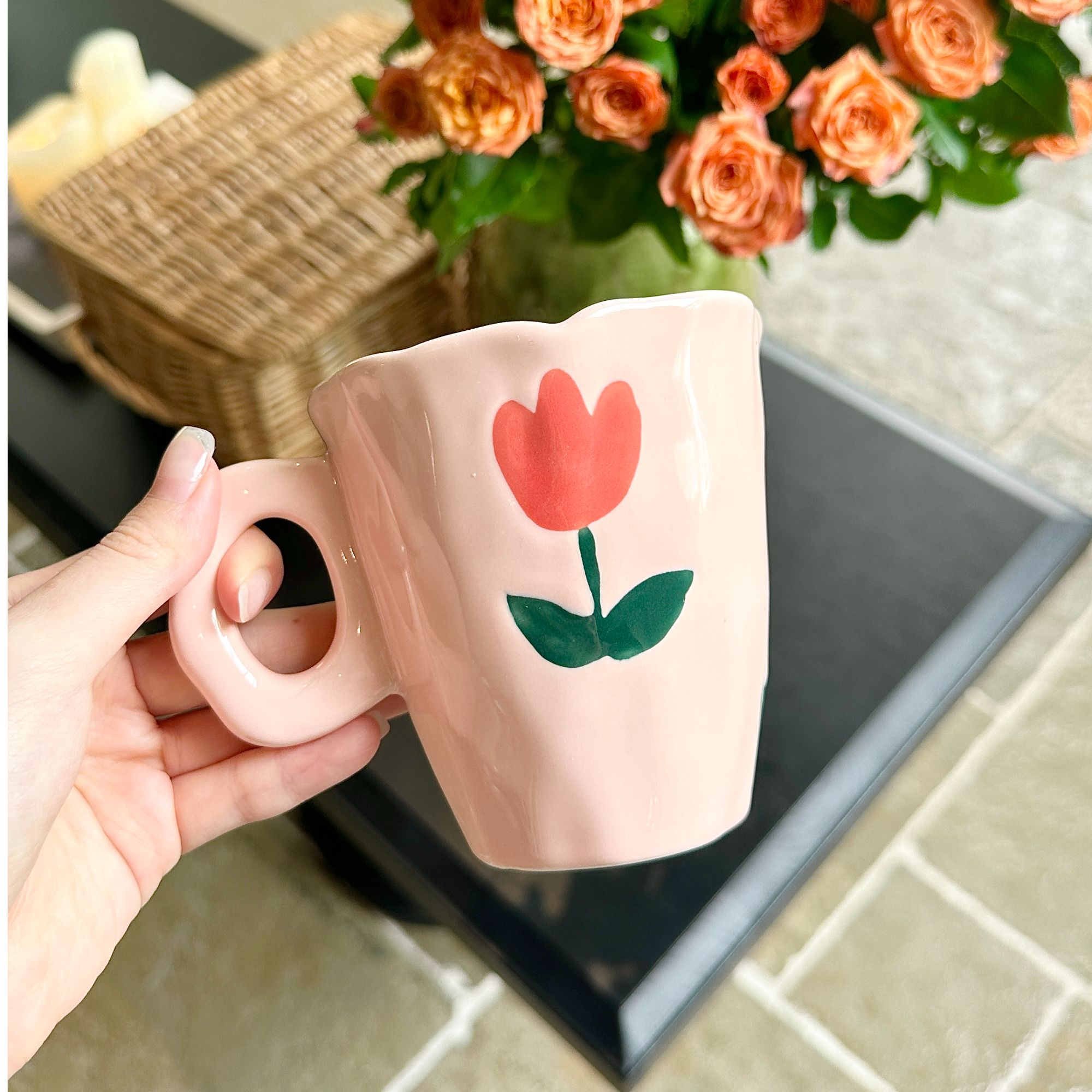 deardali手绘陶瓷咖啡杯郁金香云朵粉色下午茶韩式马克杯高颜值
