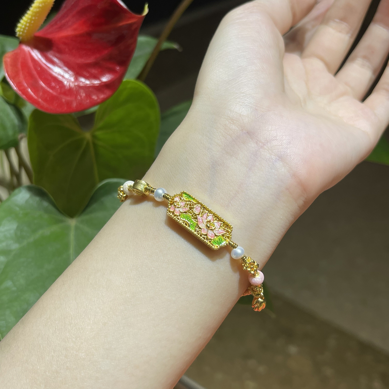 足银珐琅手链 QTY珐琅手链 G 粉莲花手链—好运连转、好事不断