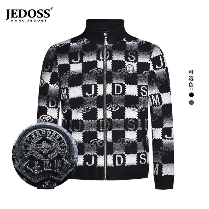 JEDOSS/爵迪斯男装秋冬时尚新款满提花棋盘格章仔针织外套159保暖