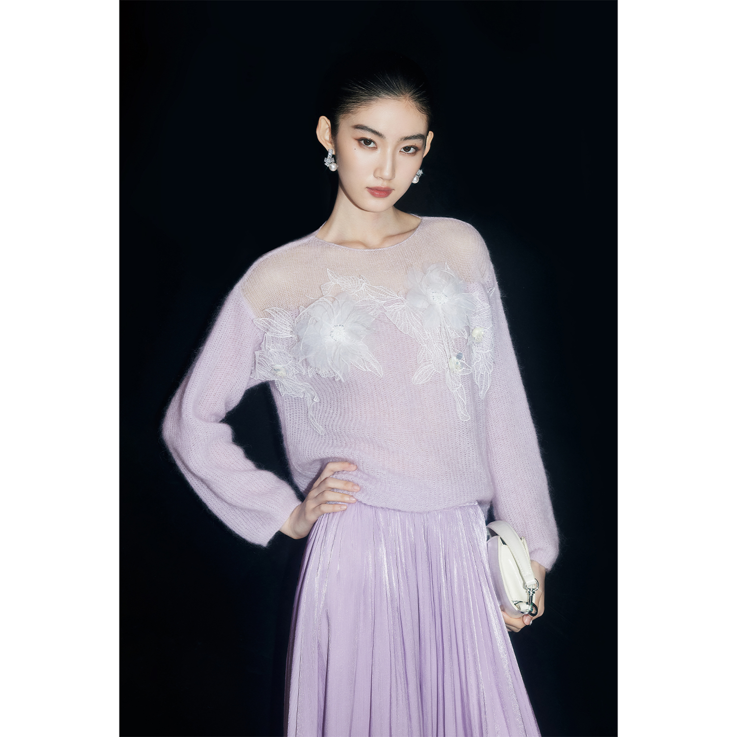 【Mandy 千金穿搭】定制蕾丝花朵羊毛马海毛紫色针织衫女秋季毛衣
