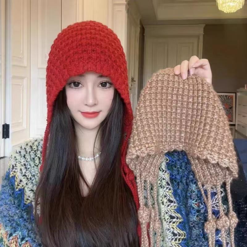 帽子川西旅游红色镂空针织包头女秋冬季显脸小流苏毛线帽冷帽L