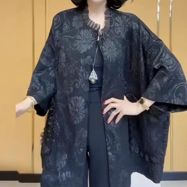 大码休闲七分袖衬衫外套女宽松爆款妈妈开衫8256