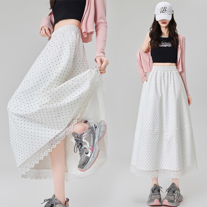 白色半透小纱裙蕾丝拼接半身裙春夏大裙摆高腰法式花边中长花苞裙