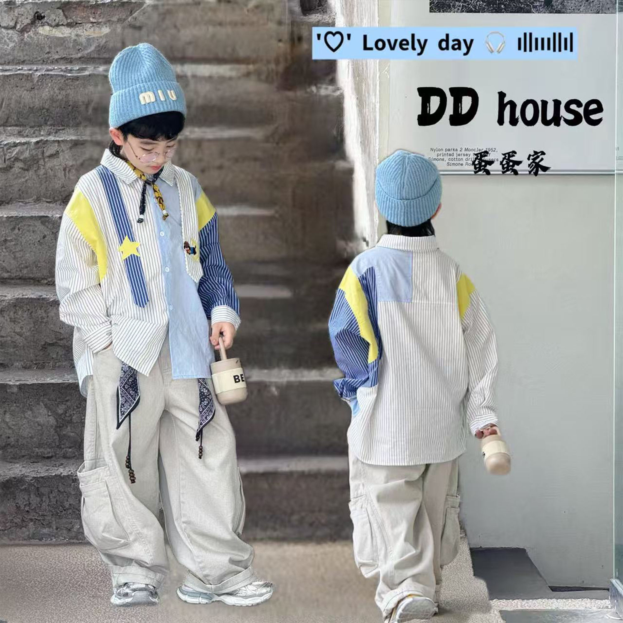 蛋蛋家【气球狗】2025秋季新款时尚拼色条纹气球狗衬衣