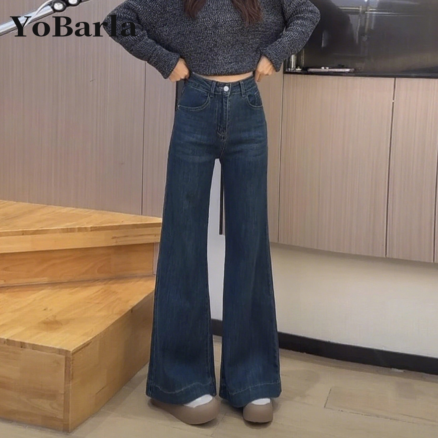 蓝色不贴腿微喇牛仔裤女秋冬新款胖mm高腰弹力大码显瘦喇叭马蹄裤