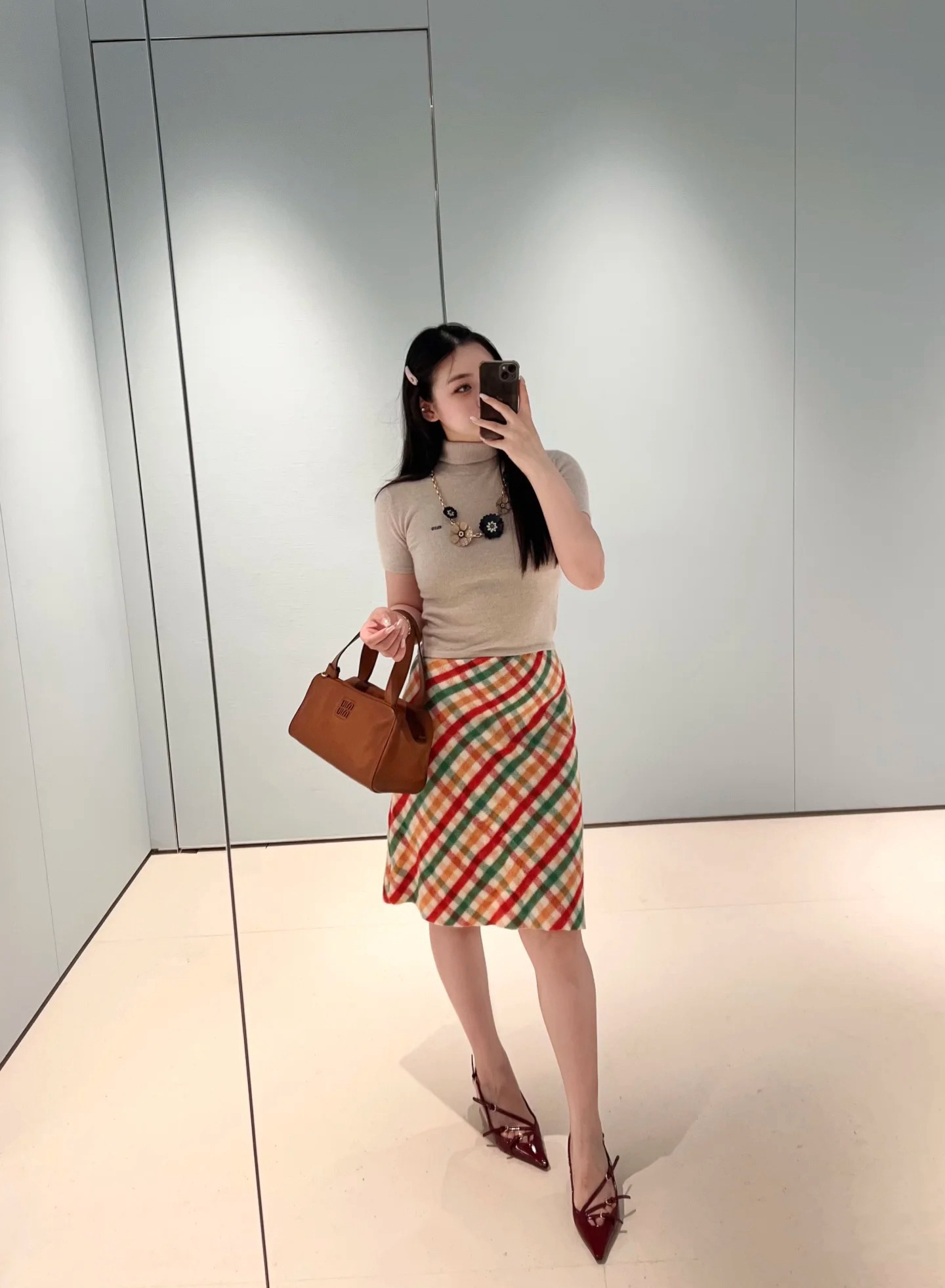 25新款复古格纹彩虹糖果撞色斜纹花纱式摩登半身裙高腰毛呢半裙女