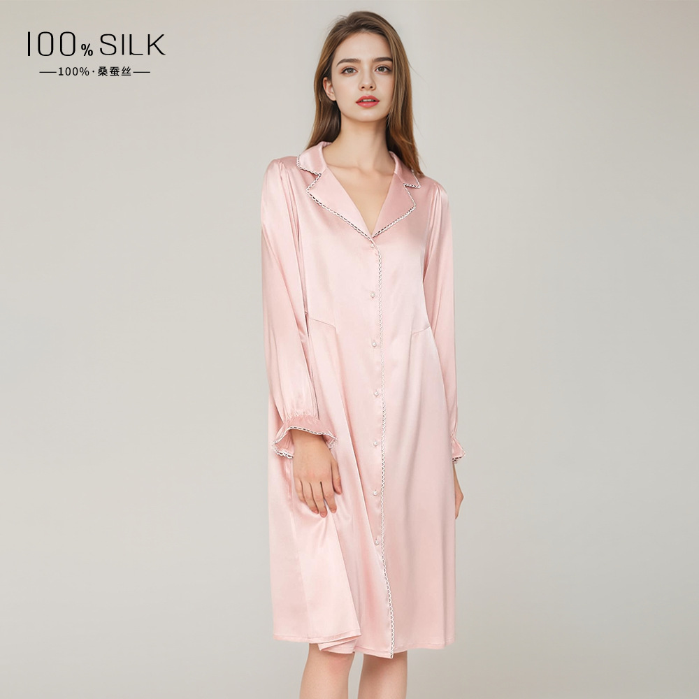 重磅真丝睡裙女100%桑蚕丝衬衫裙中长款简约家居服6142