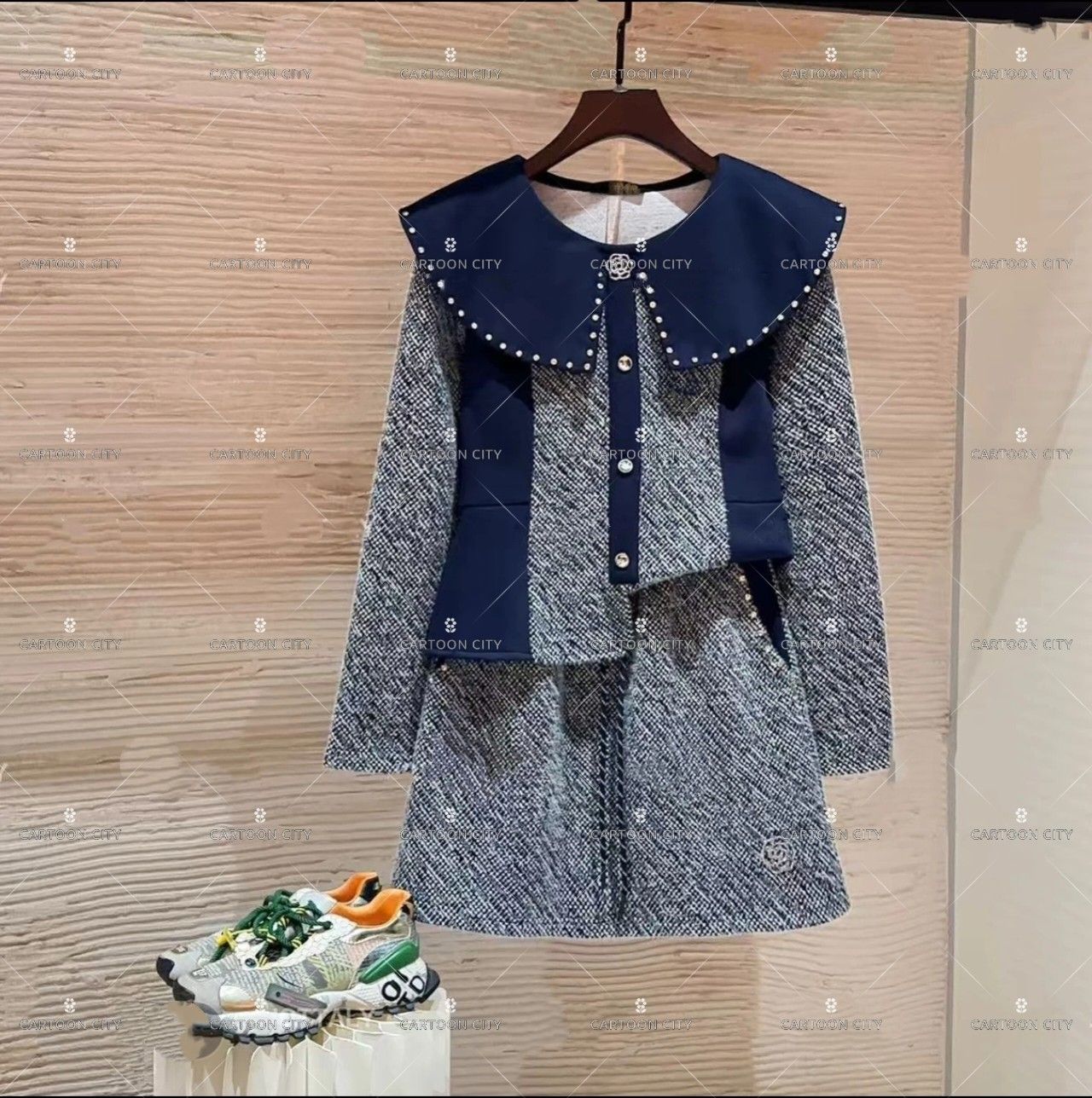 LLVD-B319【加绒】秋季新品<重工系列>长袖卫衣翻领重工套装两件套