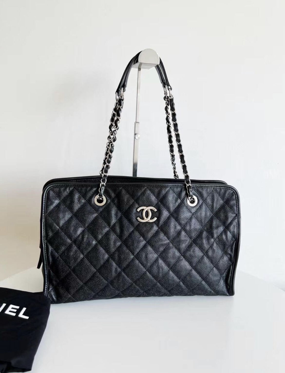 95新 Chanel/香奈儿 蔚蓝/ 黑银荔枝牛托特 单肩包 15开