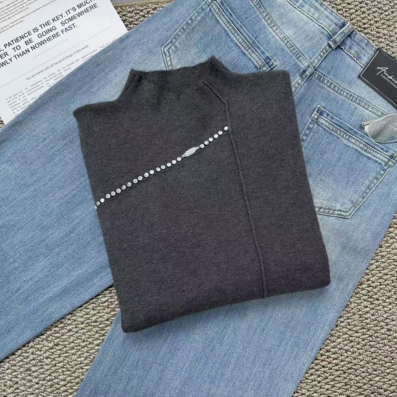 流星！！显白气质~超有女人味的打底   斜杠钉钻设计针织衫Y8368