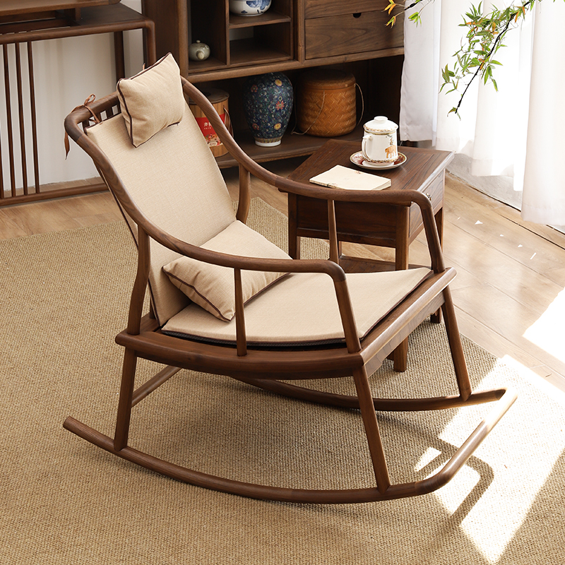 有枝中式实木摇椅黑胡桃木休闲椅老人椅家用逍遥椅成人躺椅摇摇椅
