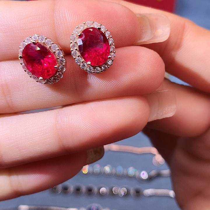 红宝石耳饰银S925镶嵌