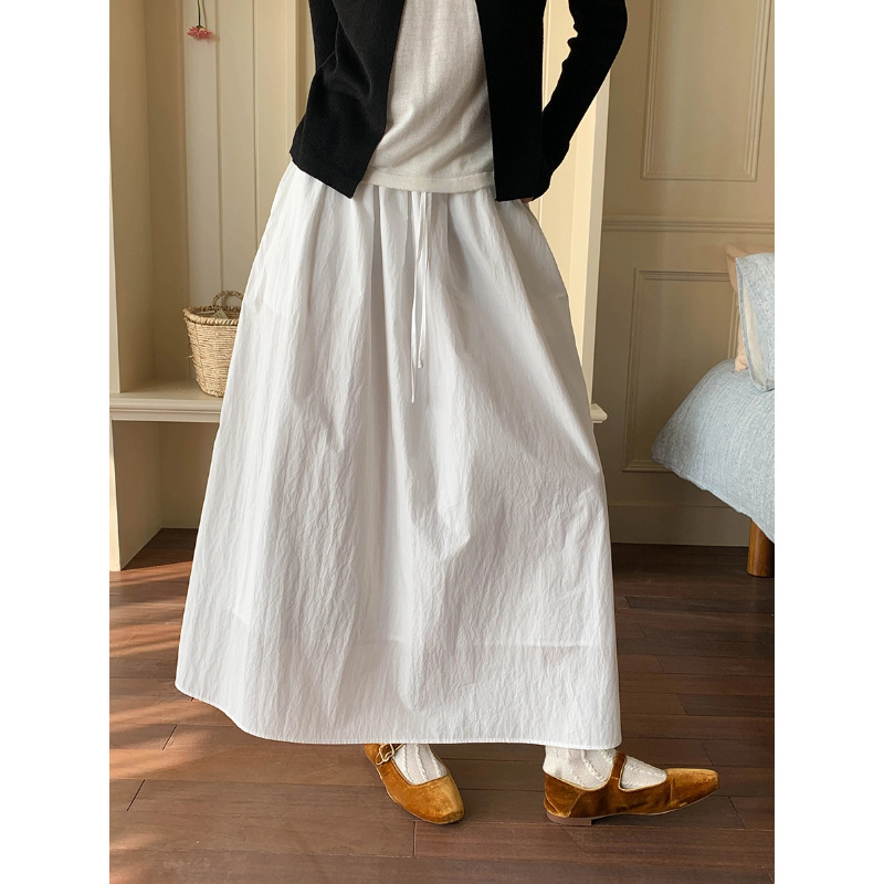 早春新款月光百搭松紧高腰宽松A字半身裙纯色中长款白色裙子半裙